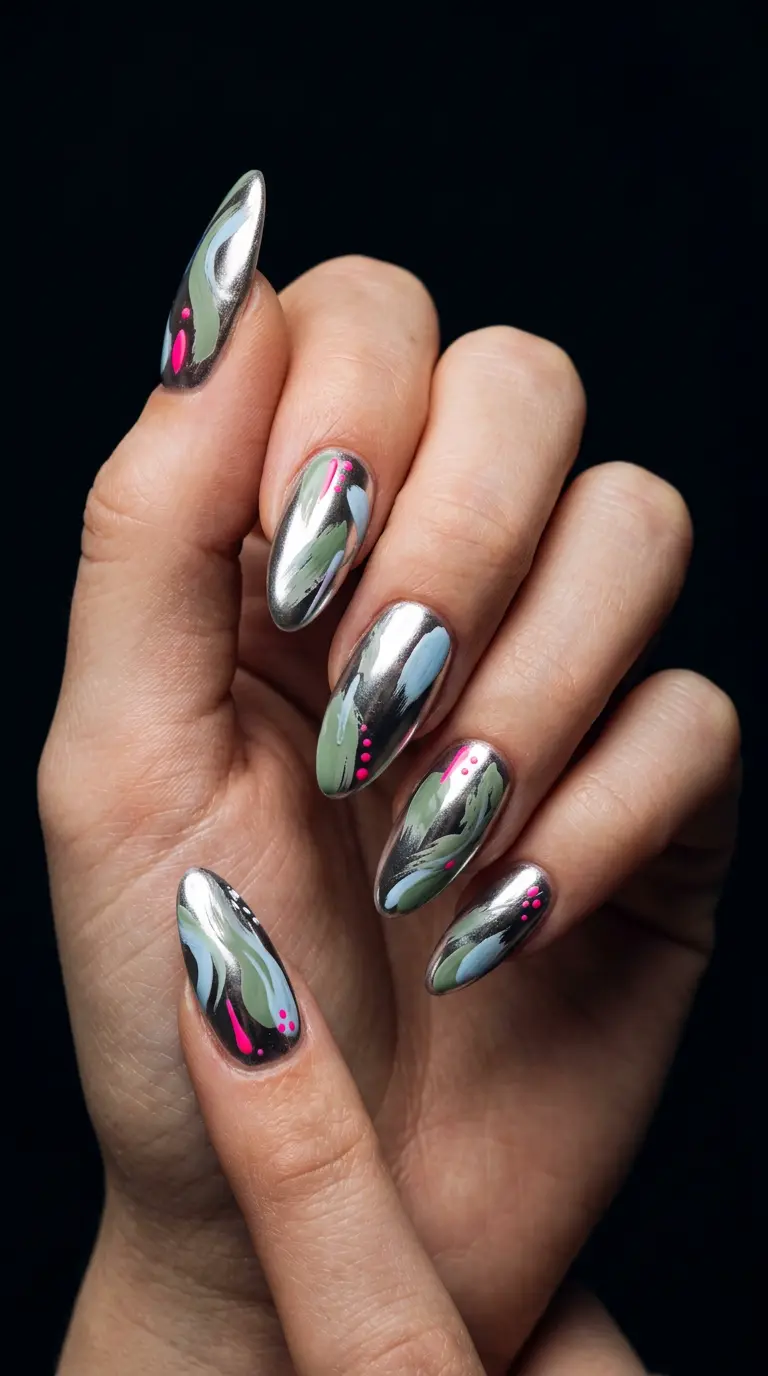 Long almond nails in liquid chrome with hand-painted sage, ice-blue and neon pink art